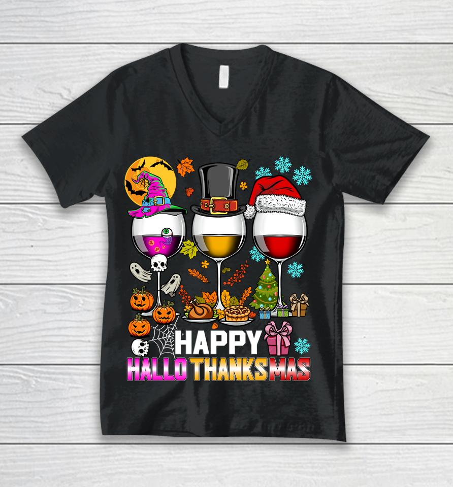 Happy Hallothanksmas Funny Halloween Thanksgiving Christmas Unisex V-Neck T-Shirt