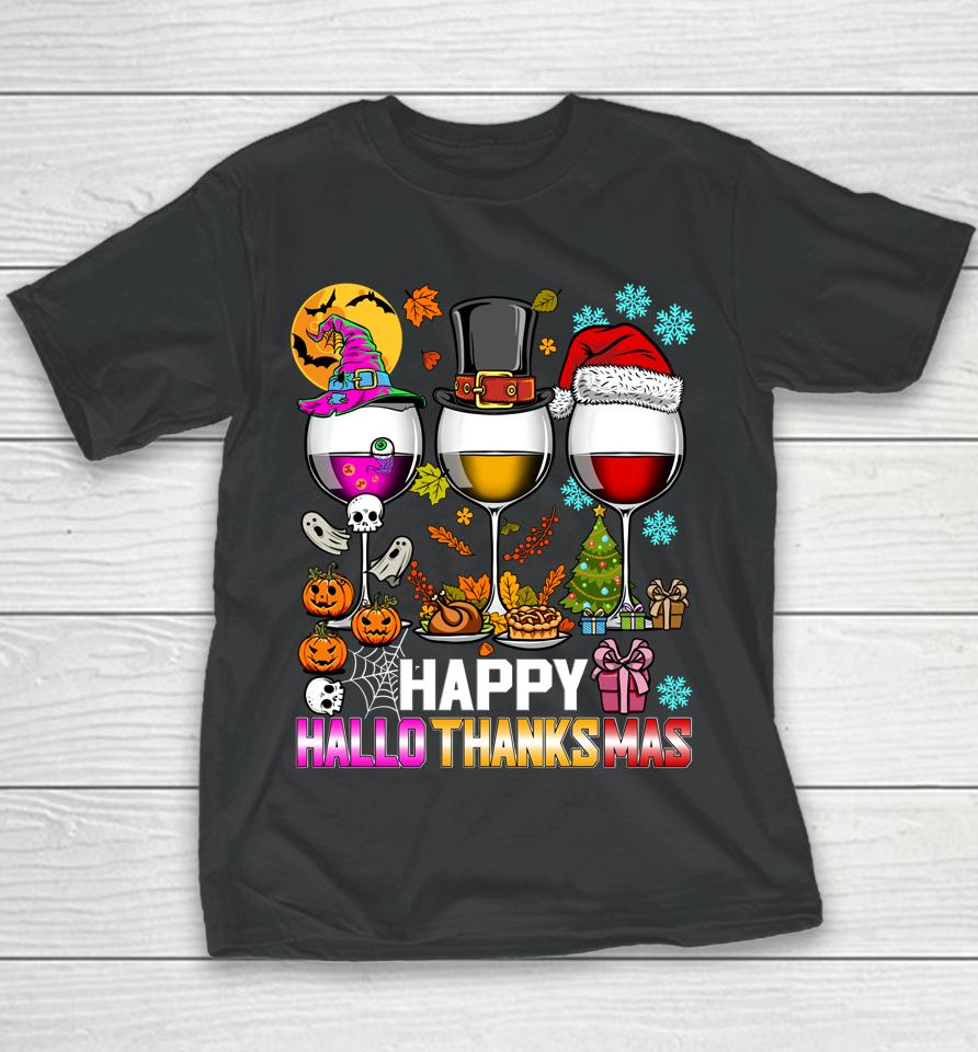 Happy Hallothanksmas Funny Halloween Thanksgiving Christmas Youth T-Shirt