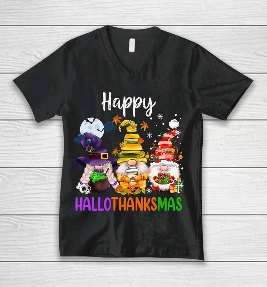 Happy Hallothanksmas Gnomes Halloween Thanksgiving Christmas Unisex V-Neck T-Shirt