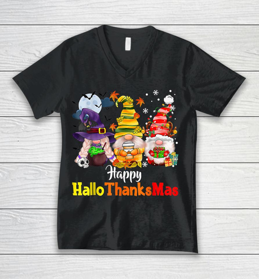 Happy Hallothanksmas Gnomes Halloween Thanksgiving Christmas Unisex V-Neck T-Shirt