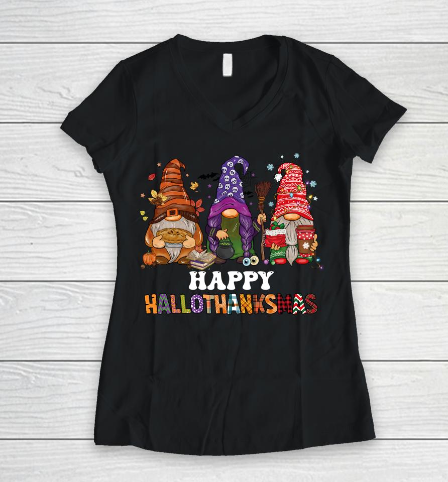 Happy Hallothanksmas Gnomes Women V-Neck T-Shirt