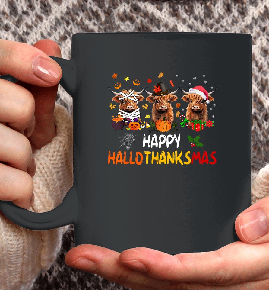 Happy Hallothanksmas Highland Cow Print Halloween Christmas Coffee Mug