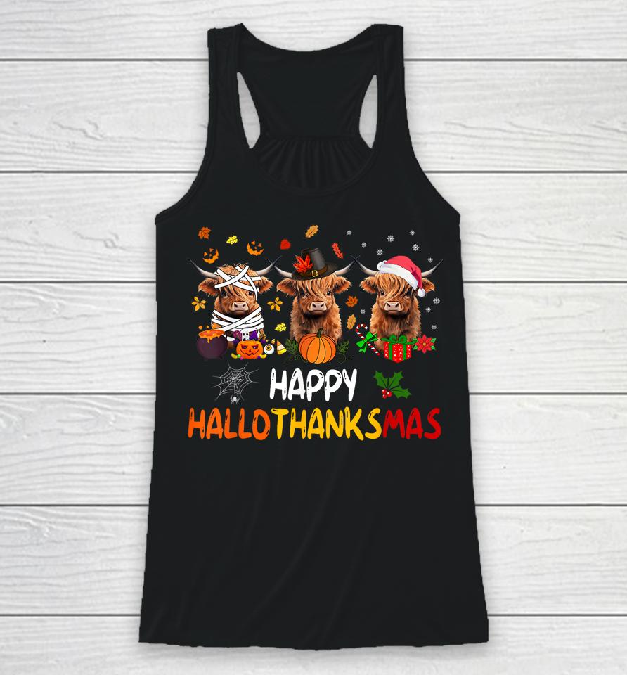Happy Hallothanksmas Highland Cow Print Halloween Christmas Racerback Tank
