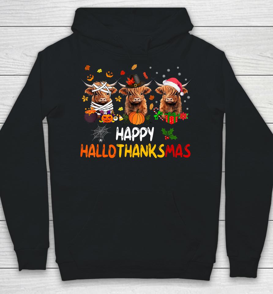 Happy Hallothanksmas Highland Cow Print Halloween Christmas Hoodie