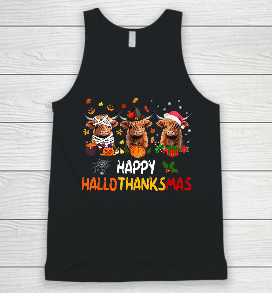 Happy Hallothanksmas Highland Cow Print Halloween Christmas Unisex Tank Top