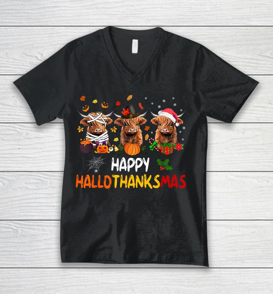 Happy Hallothanksmas Highland Cow Print Halloween Christmas Unisex V-Neck T-Shirt