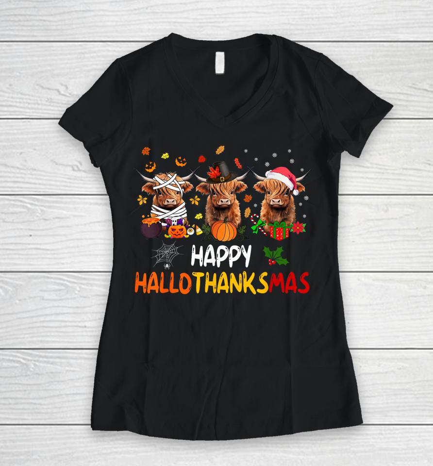 Happy Hallothanksmas Highland Cow Print Halloween Christmas Women V-Neck T-Shirt