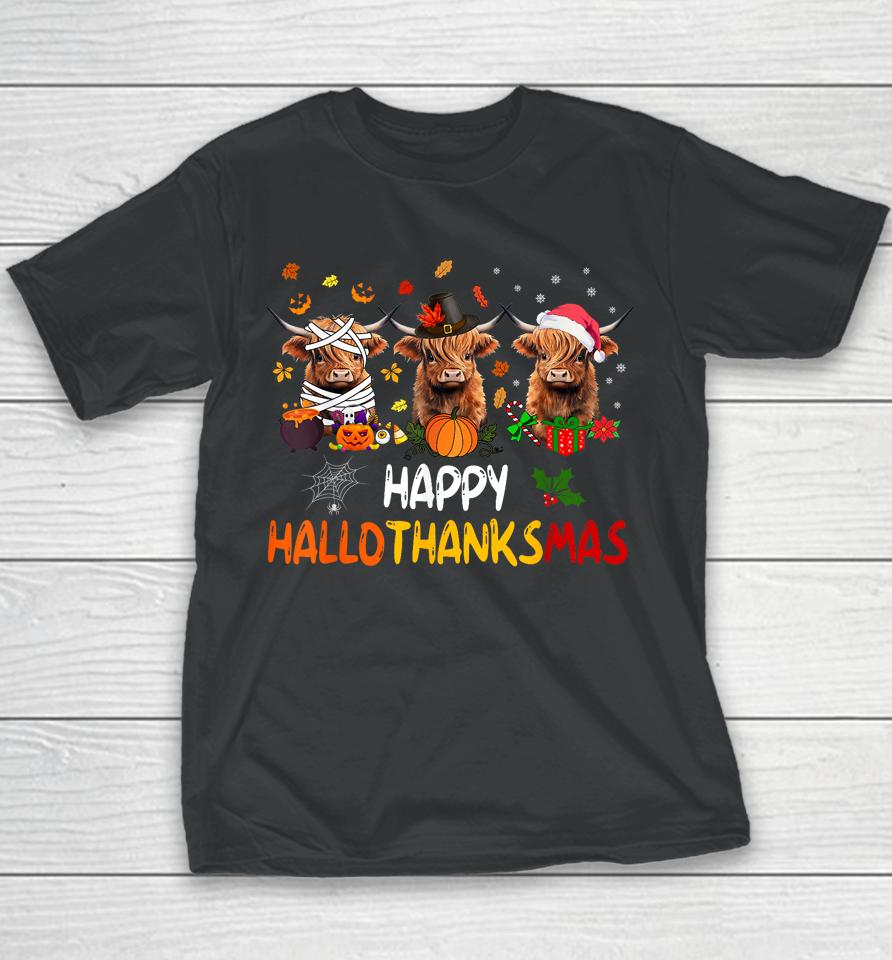 Happy Hallothanksmas Highland Cow Print Halloween Christmas Youth T-Shirt