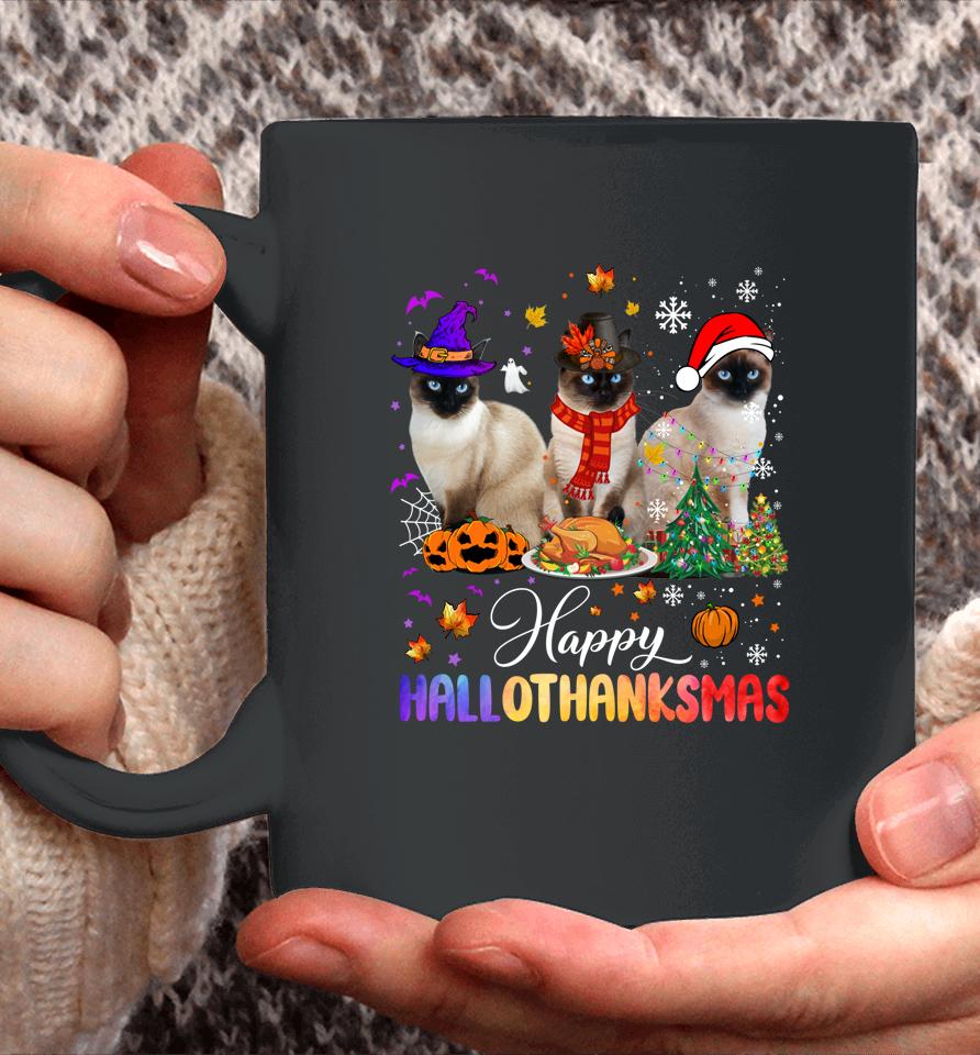 Happy Hallothanksmas Siamese Cat Halloween Thanksgiving Coffee Mug