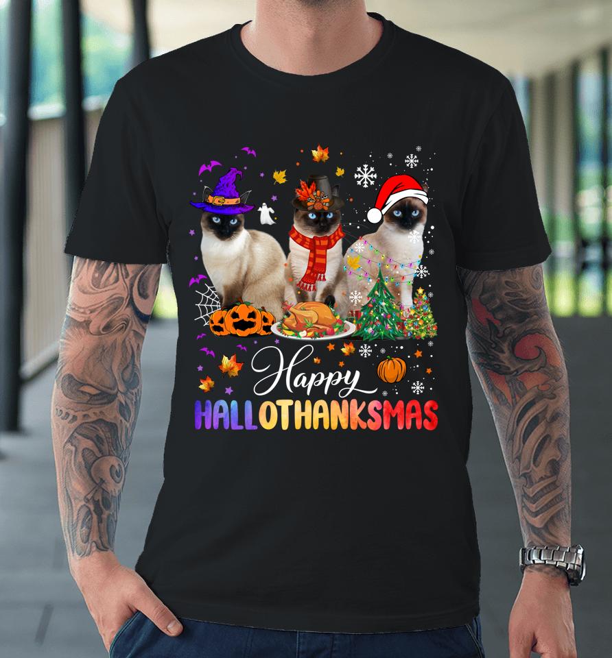Happy Hallothanksmas Siamese Cat Halloween Thanksgiving Premium T-Shirt