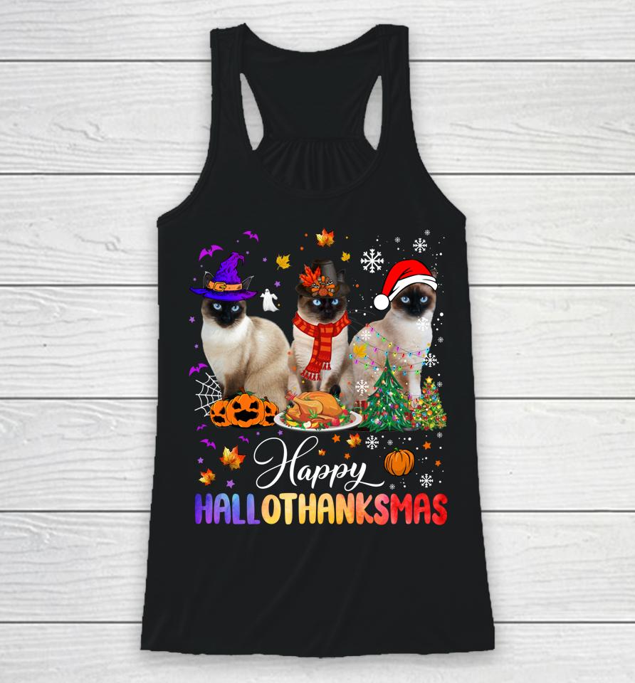 Happy Hallothanksmas Siamese Cat Halloween Thanksgiving Racerback Tank