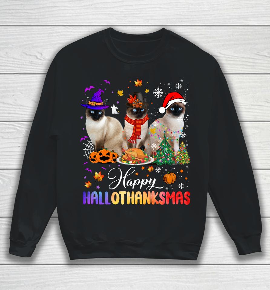 Happy Hallothanksmas Siamese Cat Halloween Thanksgiving Sweatshirt
