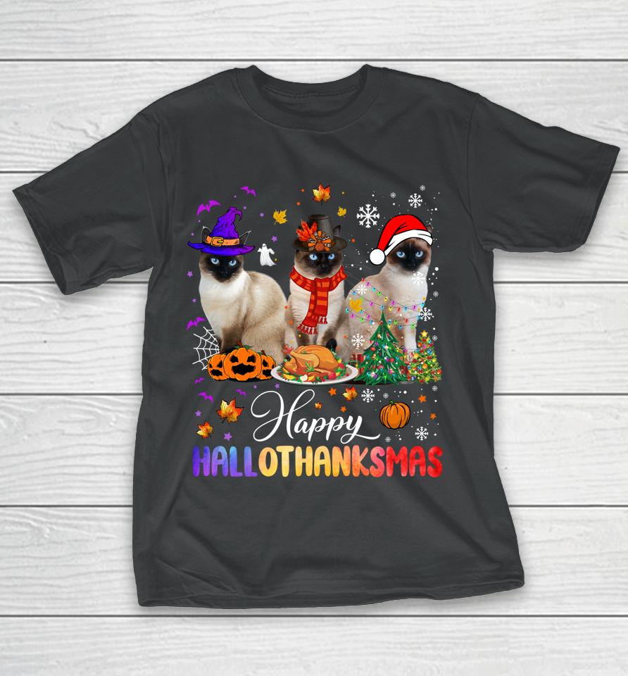 Happy Hallothanksmas Siamese Cat Halloween Thanksgiving T-Shirt