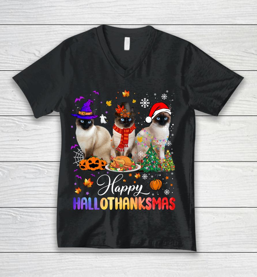Happy Hallothanksmas Siamese Cat Halloween Thanksgiving Unisex V-Neck T-Shirt