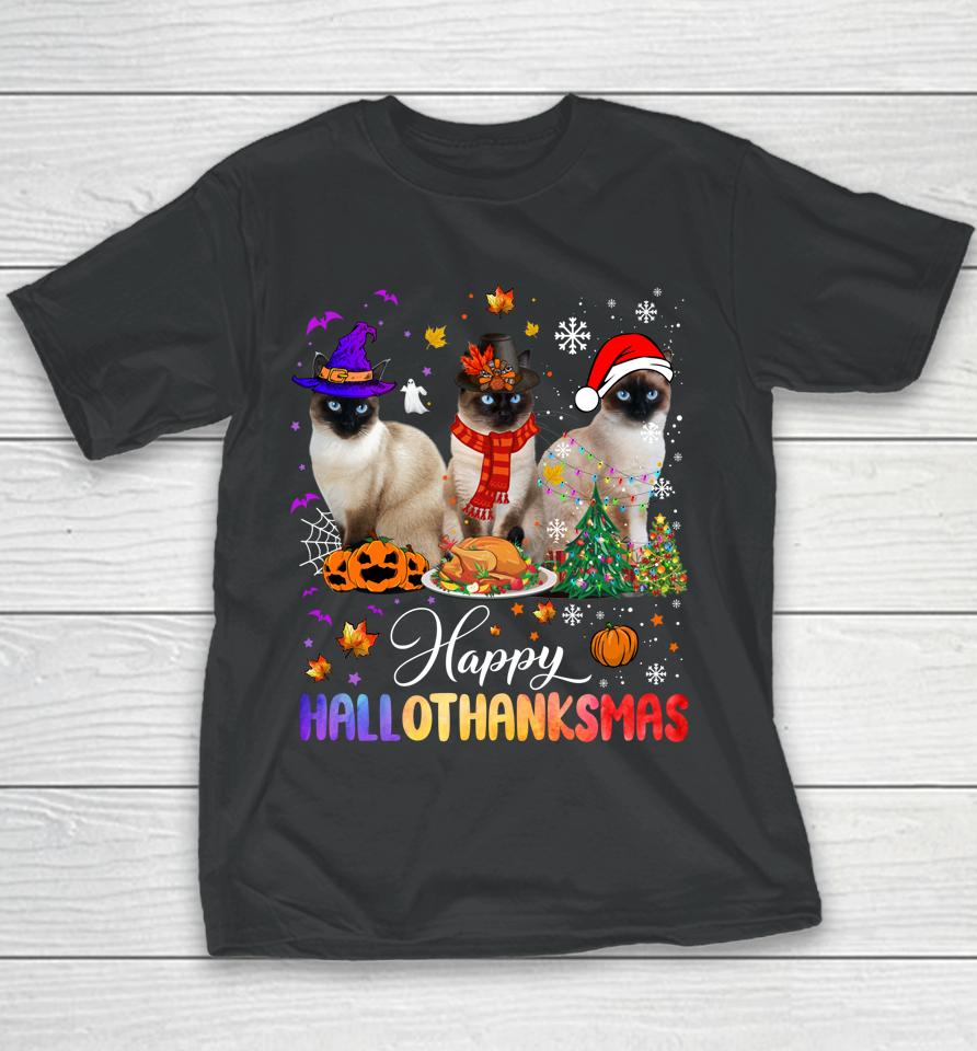 Happy Hallothanksmas Siamese Cat Halloween Thanksgiving Youth T-Shirt