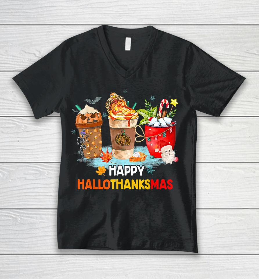 Happy Hallothanksmas Spice Latte Witch Santa Hat Pumpkin Unisex V-Neck T-Shirt