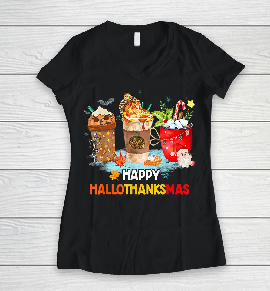 Happy Hallothanksmas Spice Latte Witch Santa Hat Pumpkin Women V-Neck T-Shirt