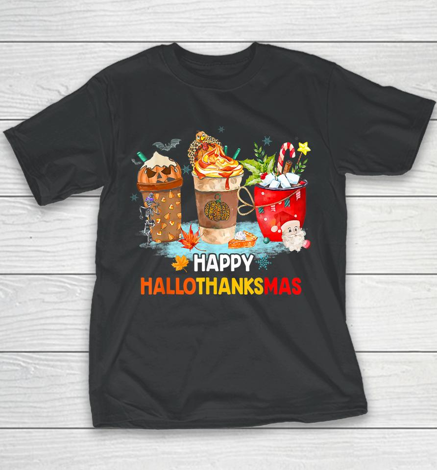 Happy Hallothanksmas Spice Latte Witch Santa Hat Pumpkin Youth T-Shirt