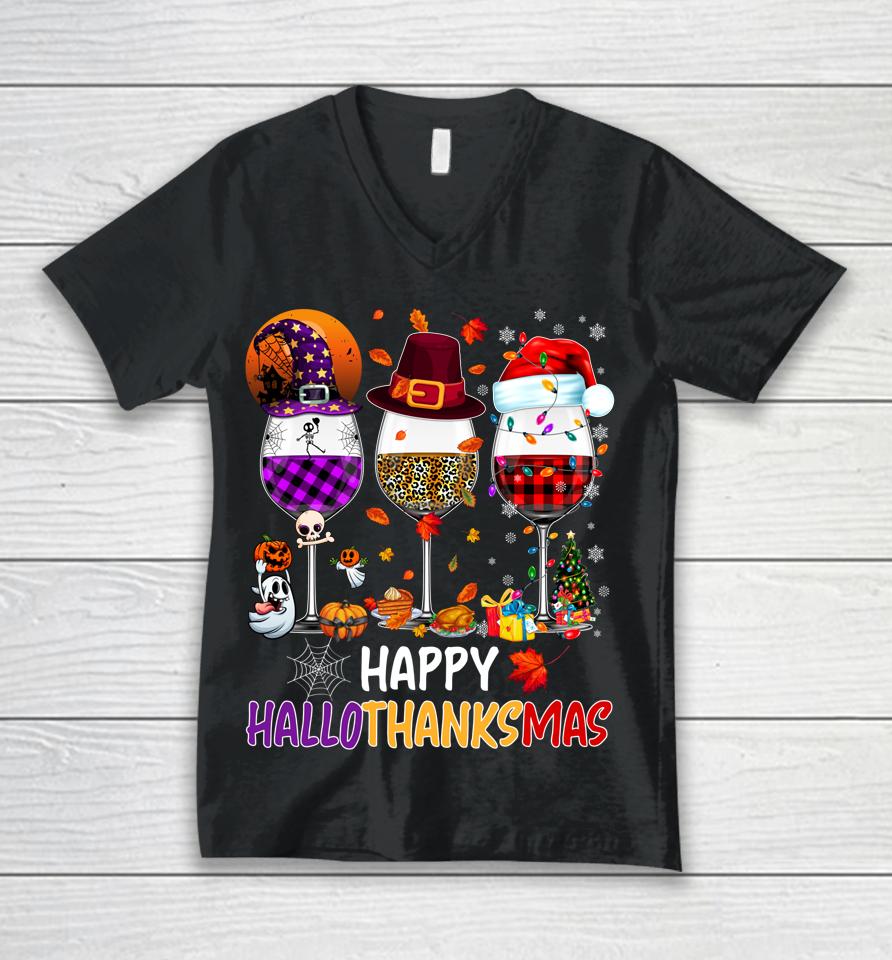 Happy Hallothanksmas Wine Glasses Witch Santa Hat Pumpkin Unisex V-Neck T-Shirt