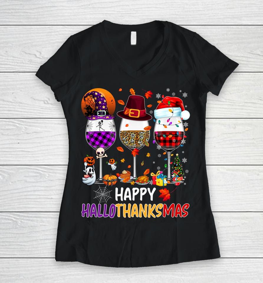 Happy Hallothanksmas Wine Glasses Witch Santa Hat Pumpkin Women V-Neck T-Shirt