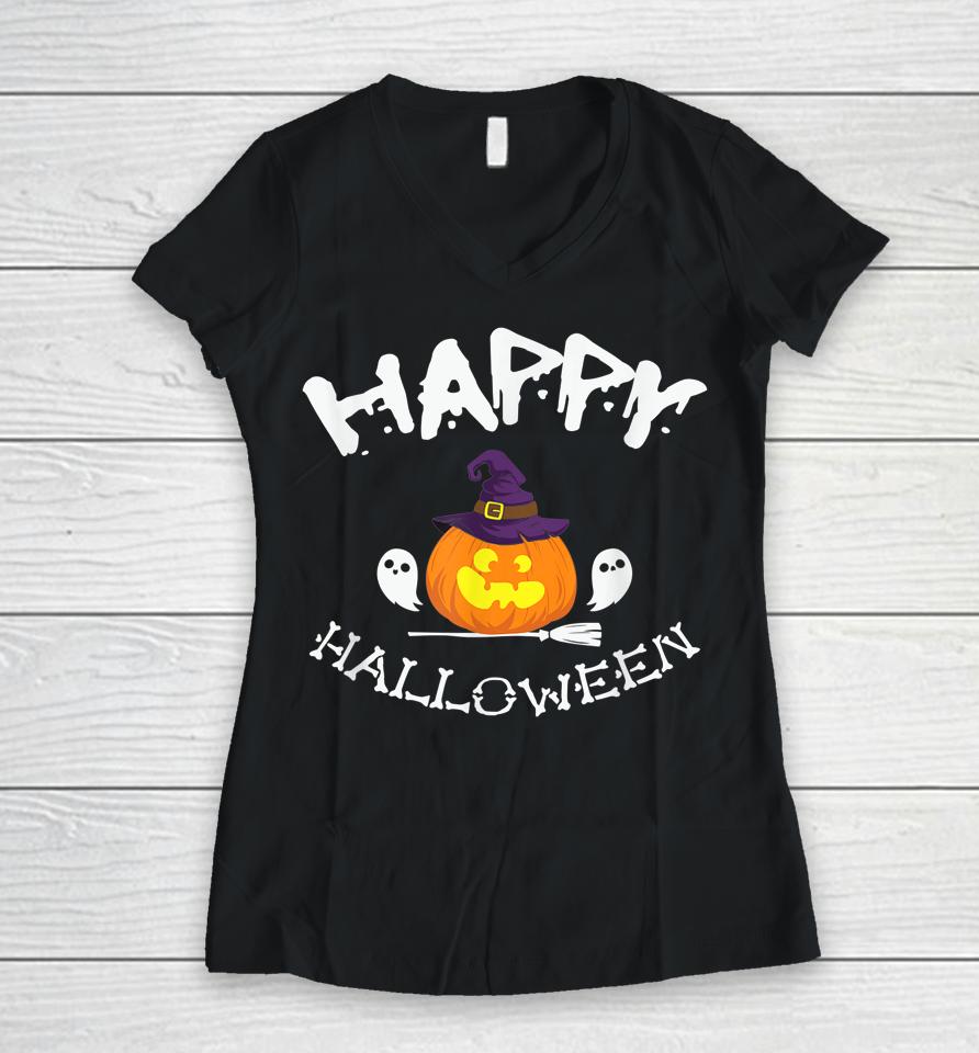 Happy Halloween Apparel Funny Pumpkin Gift Women V-Neck T-Shirt