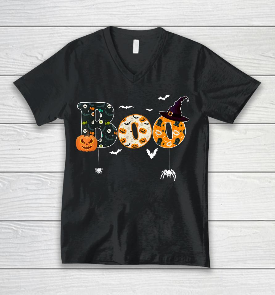 Happy Halloween Boo Spiders Witch Hat Halloween Unisex V-Neck T-Shirt