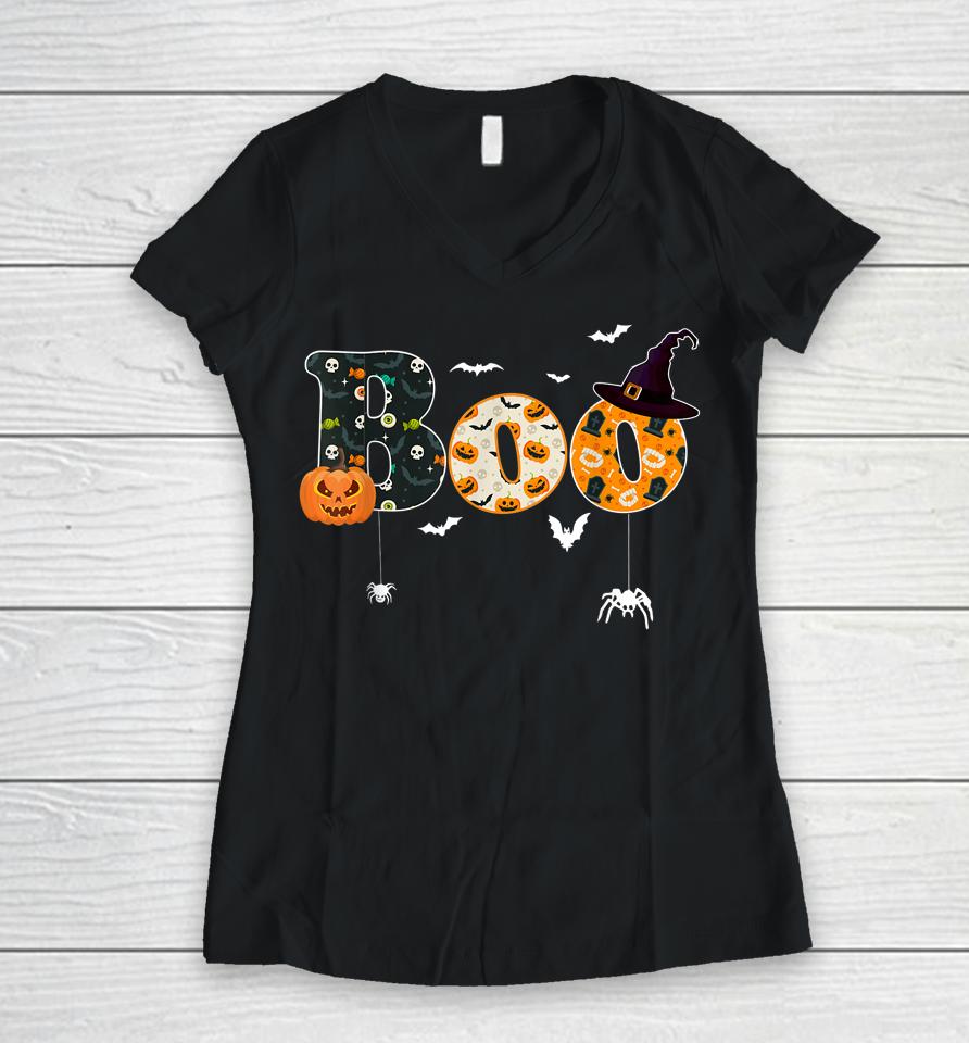 Happy Halloween Boo Spiders Witch Hat Halloween Women V-Neck T-Shirt