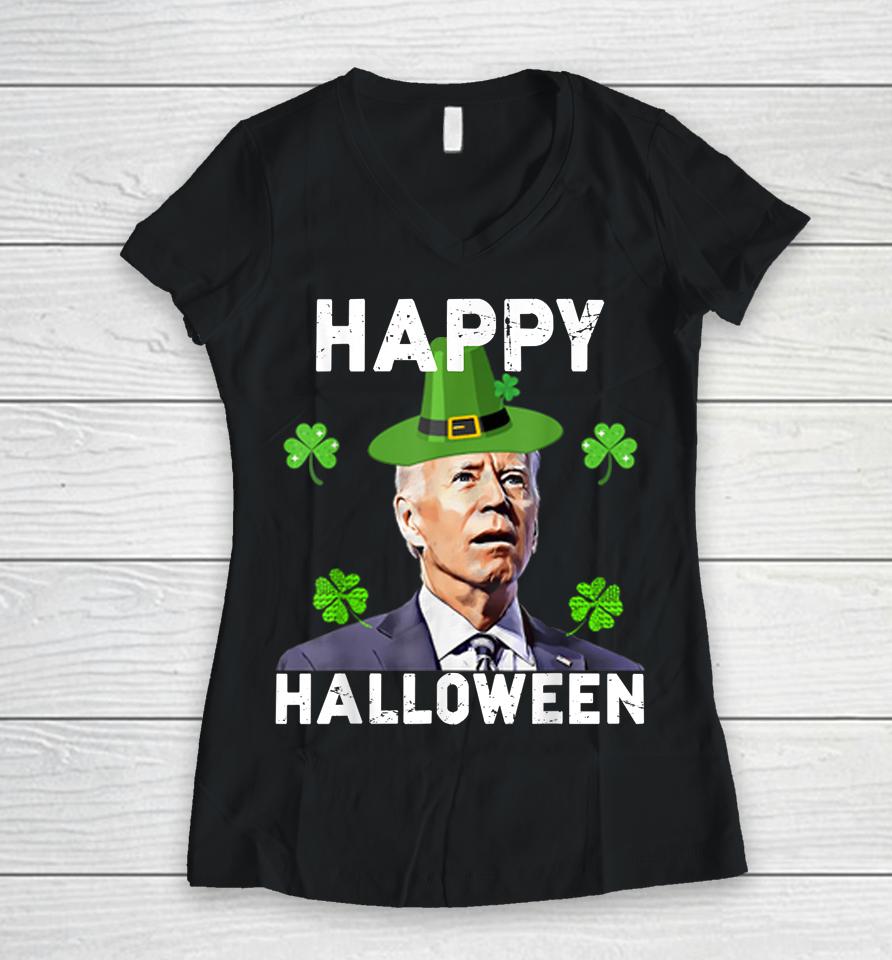 Happy Halloween Funny Joe Biden St Patrick's Day Vintage Women V-Neck T-Shirt