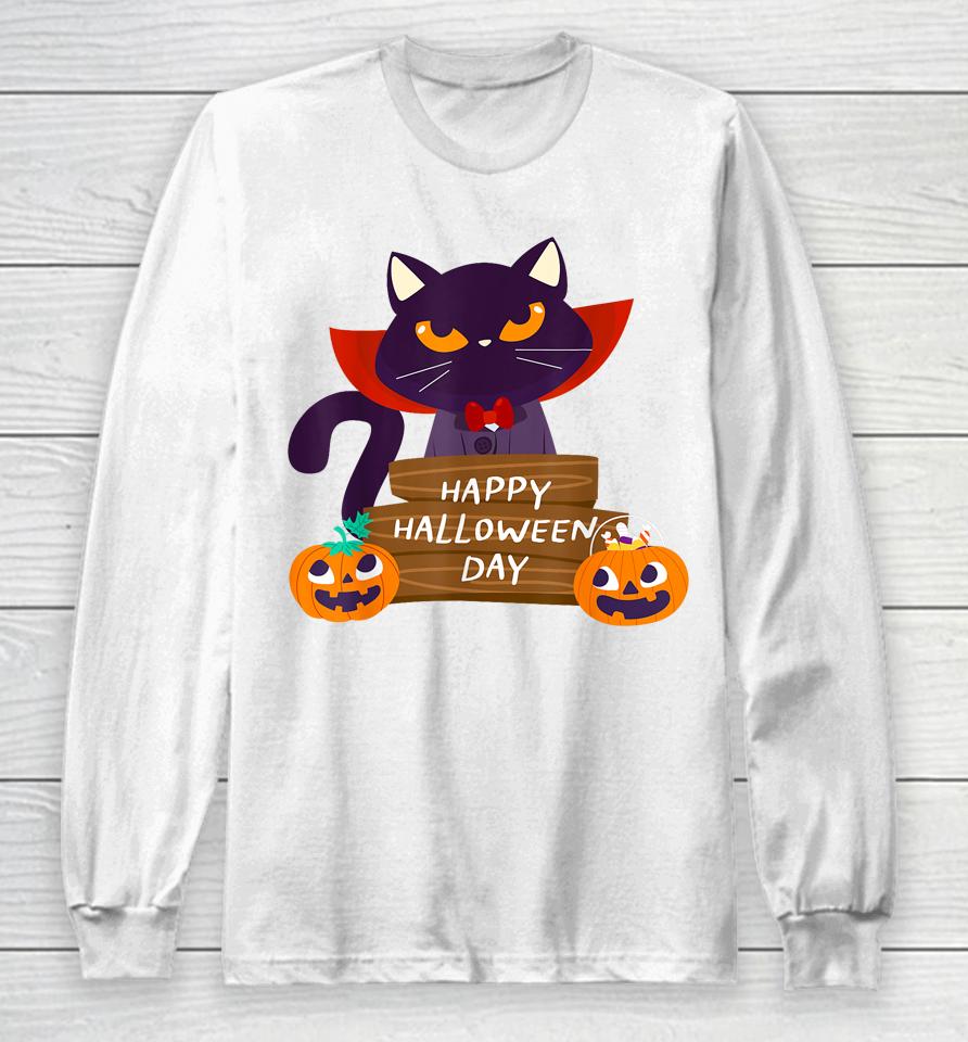 Happy Halloween Pumpkin Funny Cute Cat Long Sleeve T-Shirt