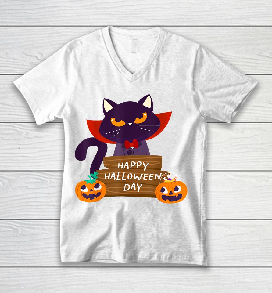 Happy Halloween Pumpkin Funny Cute Cat Unisex V-Neck T-Shirt