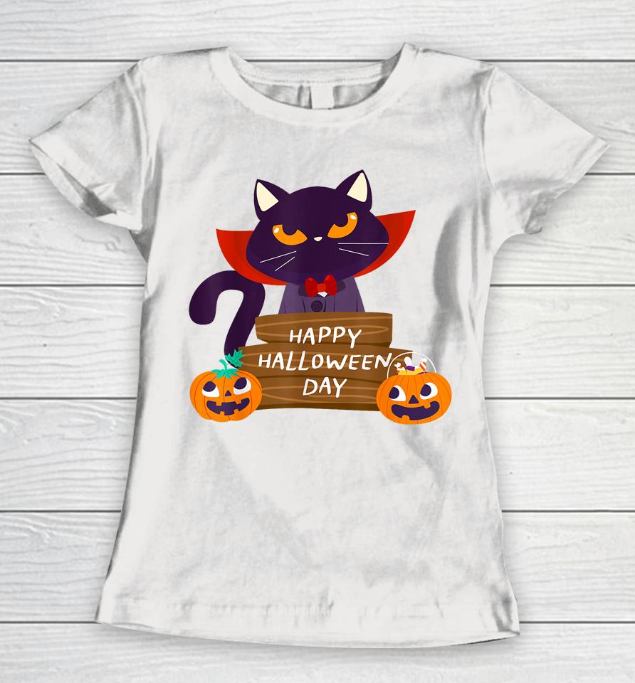 Happy Halloween Pumpkin Funny Cute Cat Women T-Shirt