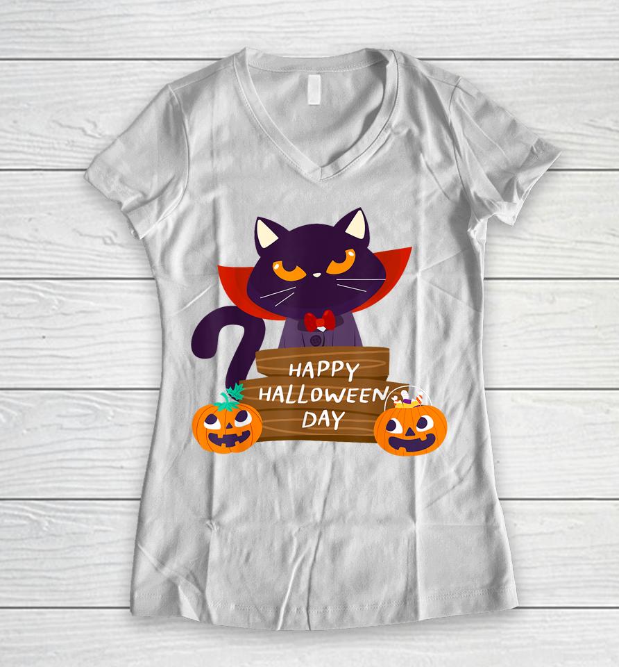 Happy Halloween Pumpkin Funny Cute Cat Women V-Neck T-Shirt
