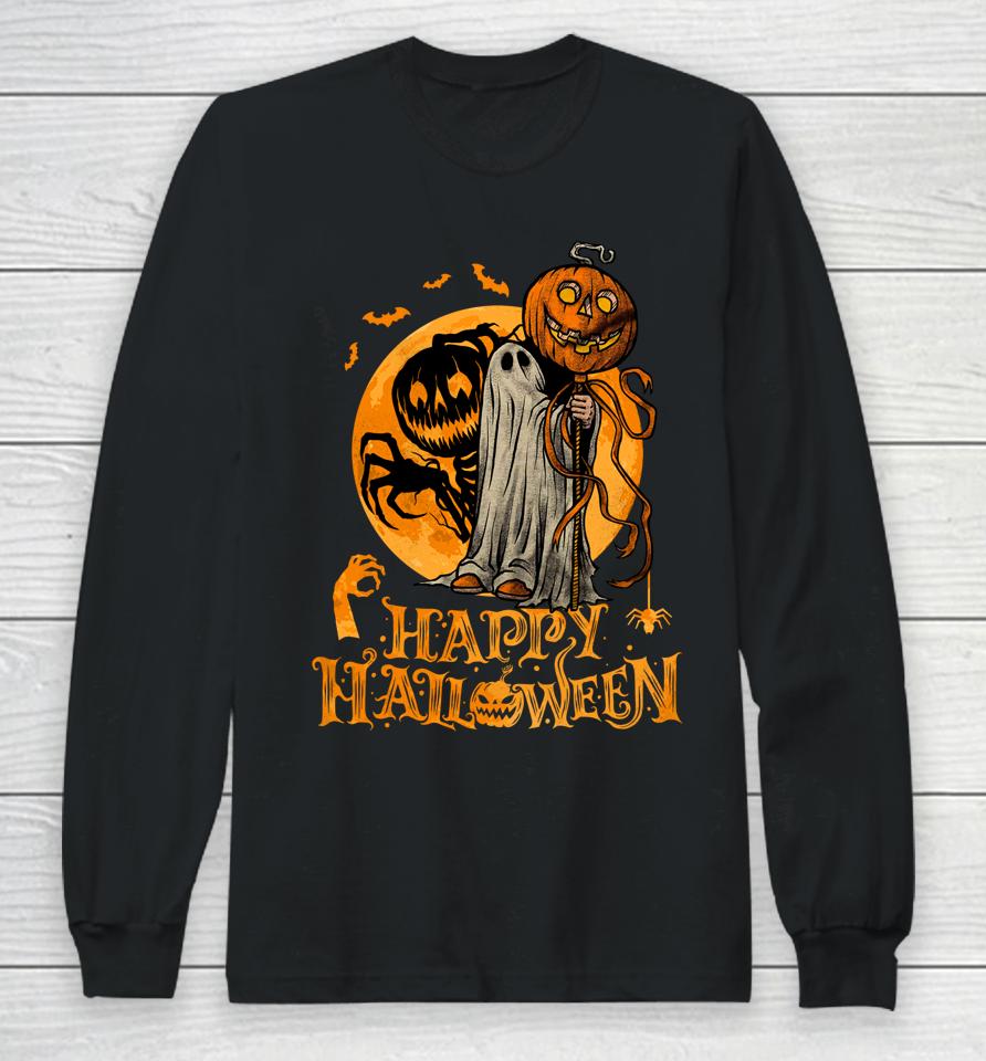 Happy Halloween Pumpkin Ghost Autumn Leaves Graphic Art Long Sleeve T-Shirt