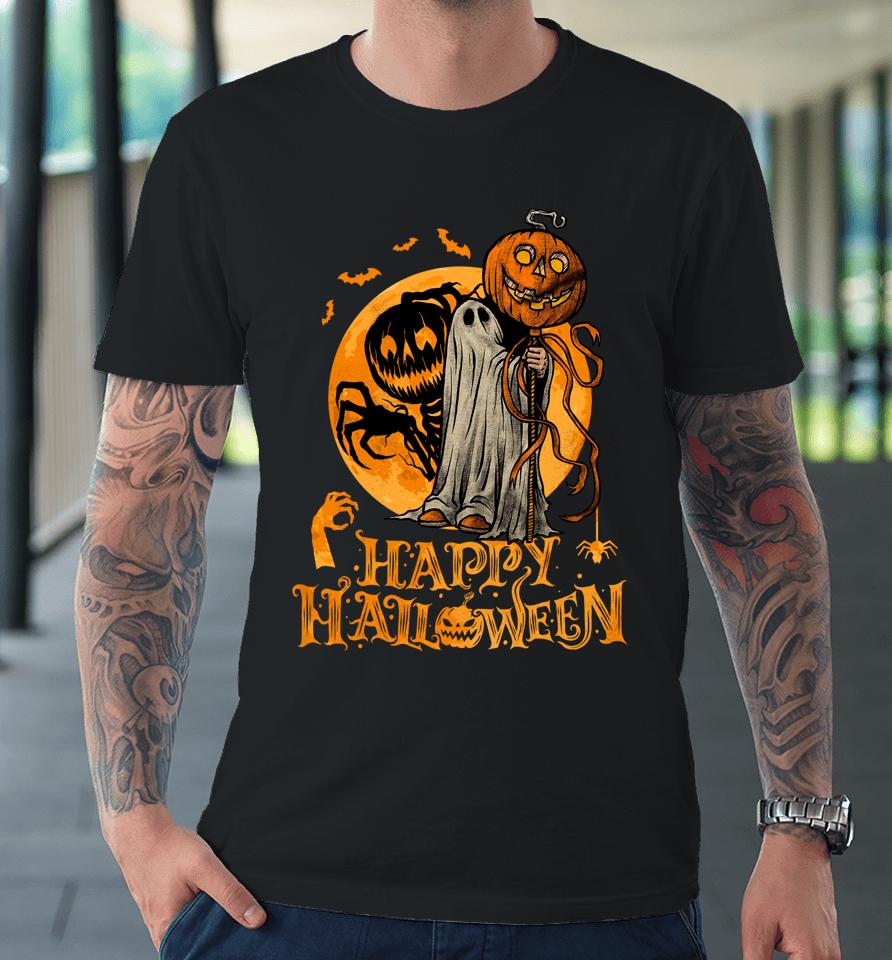 Happy Halloween Pumpkin Ghost Autumn Leaves Graphic Art Premium T-Shirt