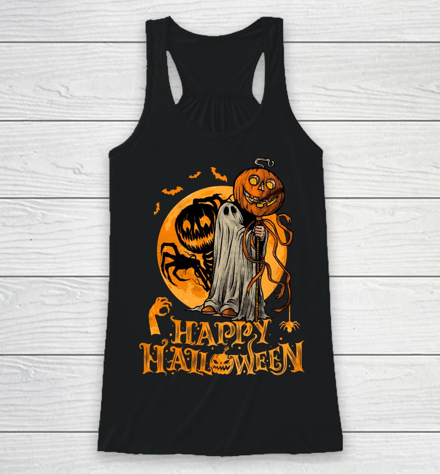 Happy Halloween Pumpkin Ghost Autumn Leaves Graphic Art Racerback Tank