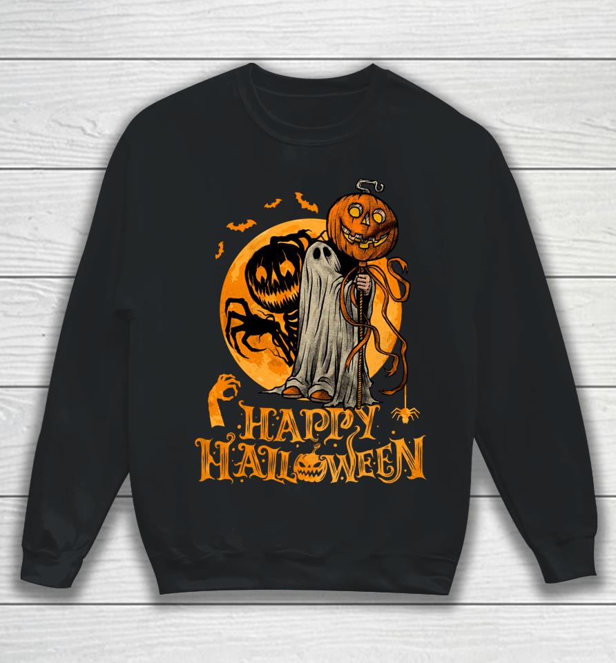 Happy Halloween Pumpkin Ghost Autumn Leaves Graphic Art Sweatshirt