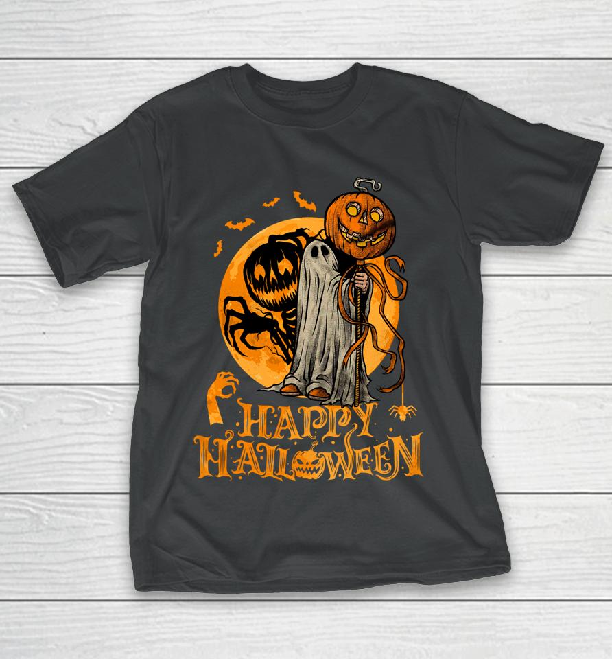 Happy Halloween Pumpkin Ghost Autumn Leaves Graphic Art T-Shirt