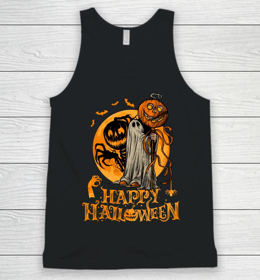 Happy Halloween Pumpkin Ghost Autumn Leaves Graphic Art Unisex Tank Top
