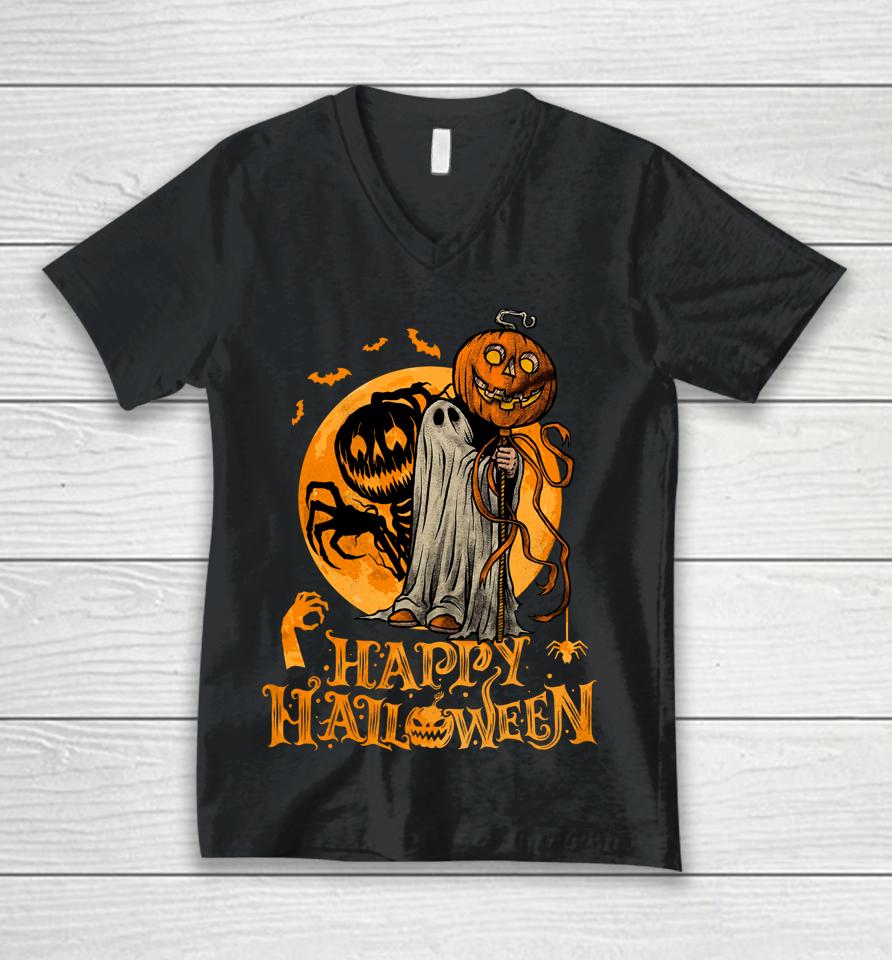 Happy Halloween Pumpkin Ghost Autumn Leaves Graphic Art Unisex V-Neck T-Shirt