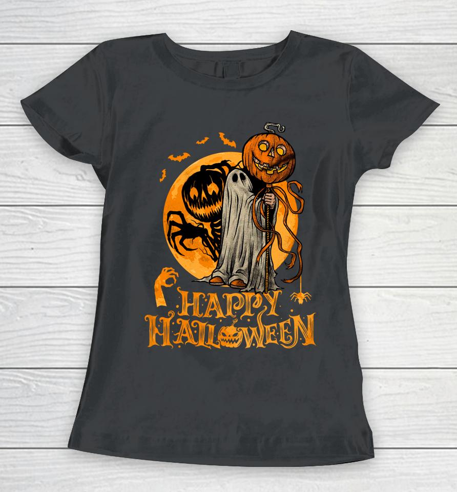 Happy Halloween Pumpkin Ghost Autumn Leaves Graphic Art Women T-Shirt