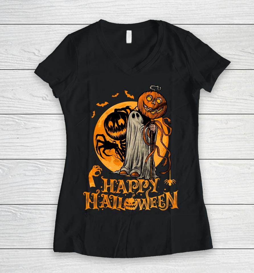 Happy Halloween Pumpkin Ghost Autumn Leaves Graphic Art Women V-Neck T-Shirt