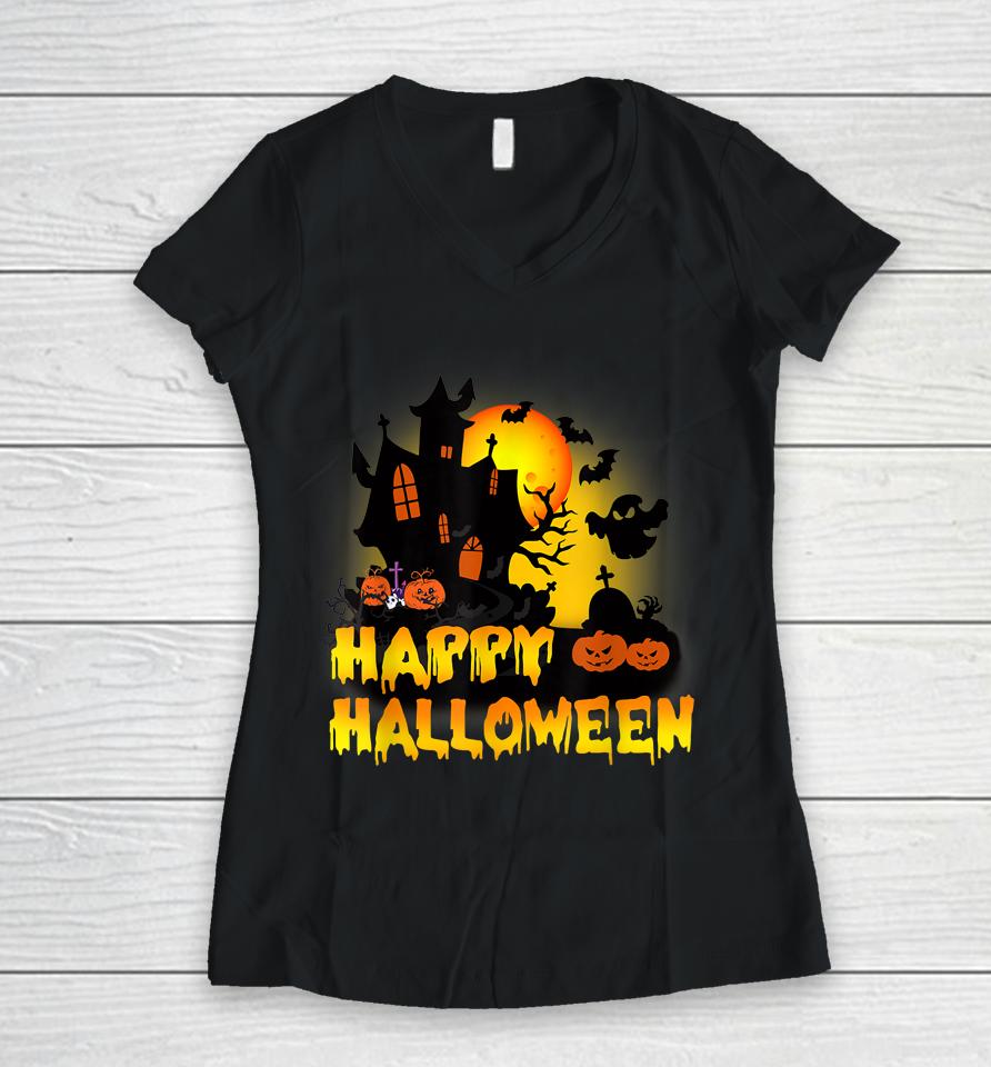 Happy Halloween Pumpkins House Women V-Neck T-Shirt