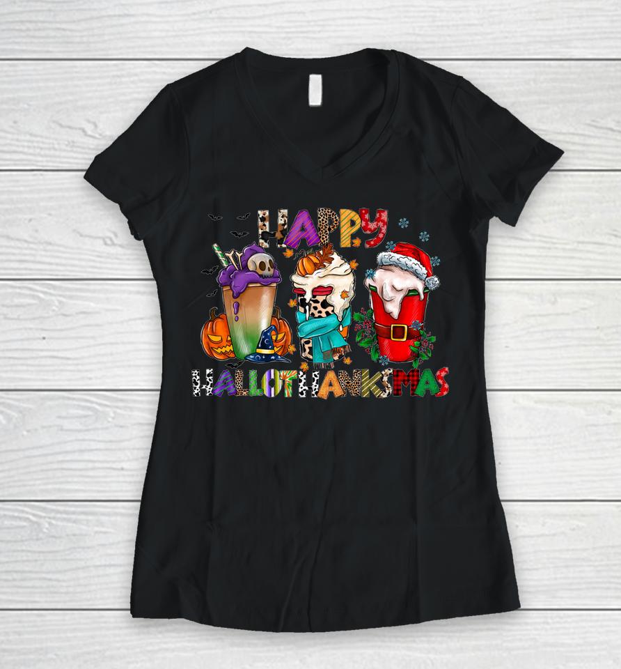 Happy Halloween Thanksgiving Hallo Thanks Mas Women V-Neck T-Shirt