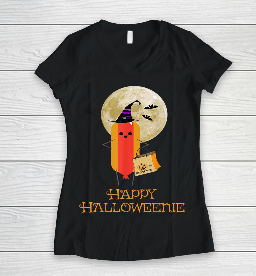 Happy Halloweenie Funny Hot Dog Halloween Women V-Neck T-Shirt
