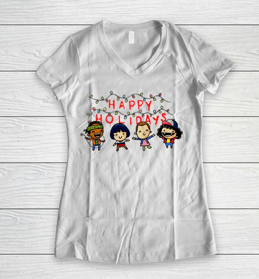 Happy Holidays Funny Squad Stranger Things Women V-Neck T-Shirt