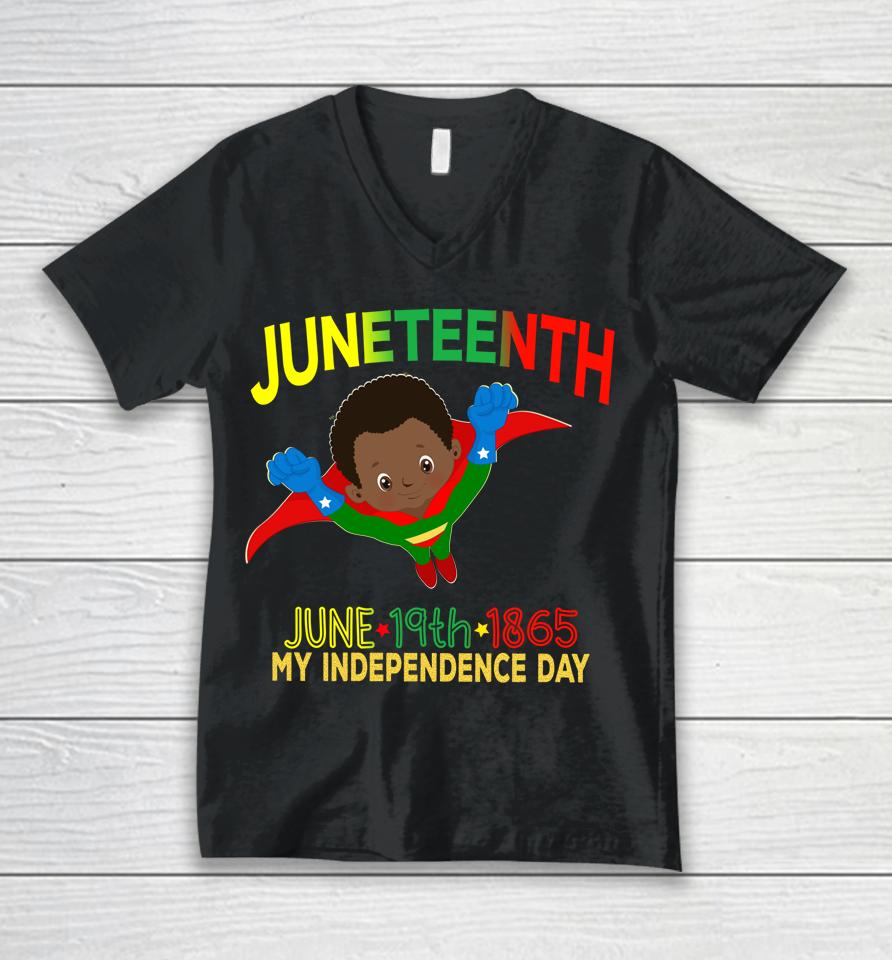 Happy Juneteenth Is My Independence Day Super Hero Black Boy Unisex V-Neck T-Shirt