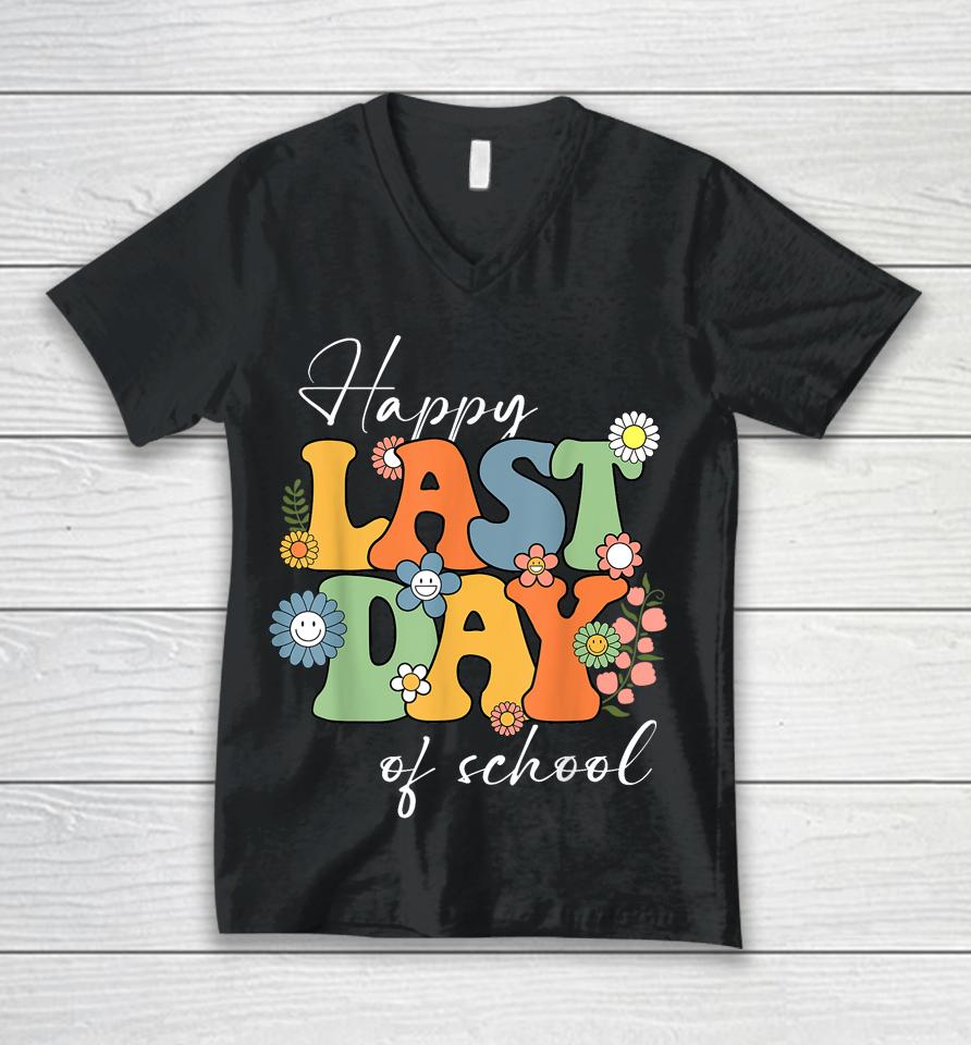 Happy Last Day Of School Graduation Groovy Teacher Student Unisex V-Neck T-Shirt