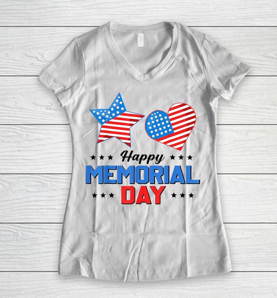 Happy Memorial Day 4Th Of July American Flag Patriotic Women V-Neck T-Shirt