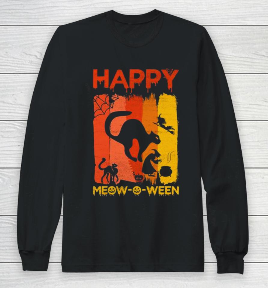 Happy Meow O Ween Funny Halloween Black Cat Scary Spooky Long Sleeve T-Shirt