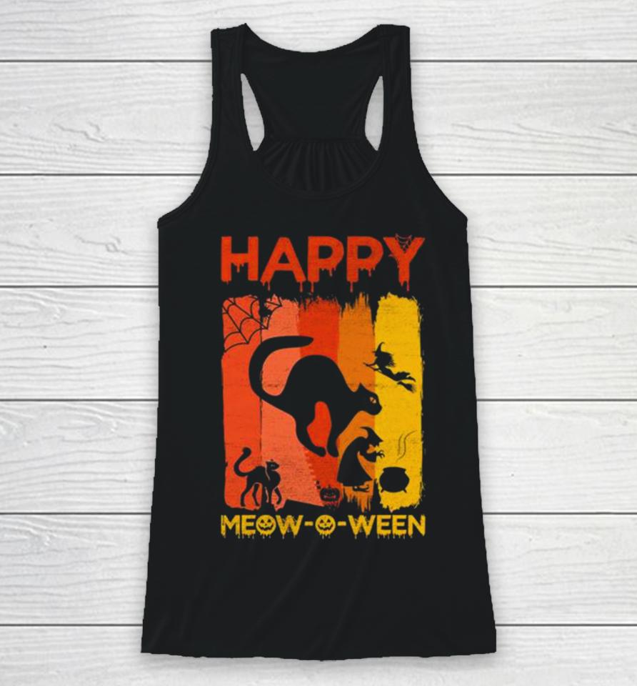 Happy Meow O Ween Funny Halloween Black Cat Scary Spooky Racerback Tank